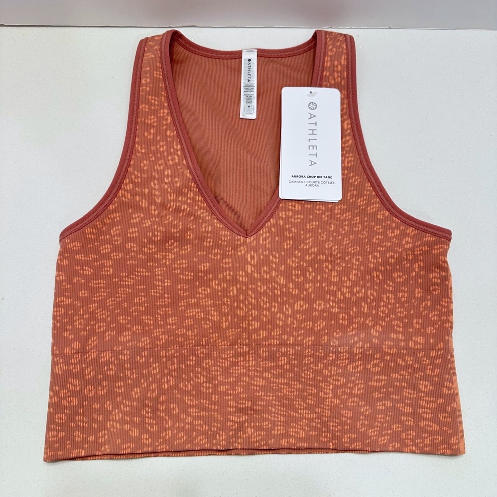 Athleta Aurora Crop Rib Tank Medium Orange Leopard Print Seamless Yoga Top NEW